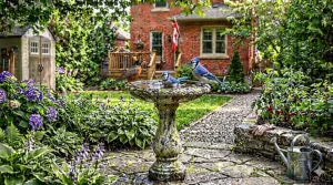 Close-up of an easy-to-clean bowl on a decorative pedestal bird bath.