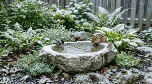 Frost-resistant pedestal bird bath suitable for Canadian winters.