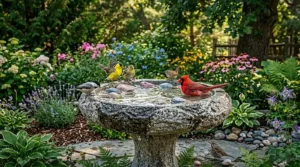 A photorealistic 4K detailed photograph capturing the precise, lush garden scene and stone bird bath from image_2.png, with all birds—the splashing goldfinch, the black-capped chickadee, the northern cardinal, the smaller brown finches—and the surrounding coneflowers, hydrangeas, and diverse plants exactly as depicted, bathed in the same warm, dappled sunlight. This is a seamless extension of the composition; the only addition is that the water in the bird bath now contains several clearly visible, perfectly rounded ice cubes floating among the birds. The ice cubes are perfectly transparent, with visible internal fractures and small bubbles, catching the sunlight and showing refractive qualities. The birds and the detailed stone texture are sharp and hyper-detailed. The background garden extends with new varieties of hostas and a few more coneflowers, and the tree and fence remain. The overall lighting and depth of field are consistent with image_2.png, creating a photorealistic, enhanced version.