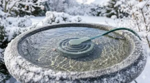Pouring lukewarm water into a bird bath to maintain an ice-free surface.