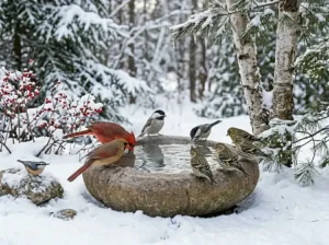Birds visiting a natural-looking winter bird water source in a garden.