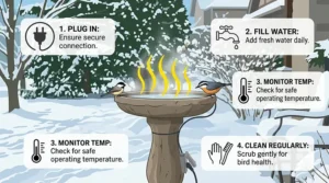Ideal garden placement for a heated bird bath during winter; meilleur emplacement pour bain d'oiseaux.