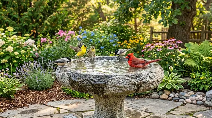 A photorealistic photograph capturing a beautiful garden scene in full summer bloom, with a stunning stone bird bath providing cool, refreshing water to beat the heat for several species of wild birds in a lush, sunny Canadian backyard garden. The central granite bird bath is full of clear, sparking water with ripples. Surrounding it are blooming hydrangeas, coneflowers, lavender, hostas, and ferns. Six wild birds are actively utilizing it: two American Goldfinches splash vigorously on the far rim, a Black-capped Chickadee drinks delicately on the left, a Northern Cardinal bathes fully in the basin, and two other finches perch near them. The garden is rich with vibrant pink, blue, yellow, and purple flowers, all bathed in soft, warm, dappled natural morning daylight. The weathered stone, intricate wet feathers, water droplets, and detailed leaf textures are in sharp focus. The scene has a detailed flagstone patio, wood mulch, and river stones with a mature tree trunk and rustic wooden fence softly blurred in the deep background (bokeh). This is a 4K resolution, high-detail photograph. bird bath for summer heat