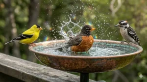 Bird bath secured to a wooden patio railing.
