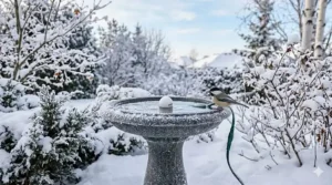 Bird bath placed near a hedge for protection against cold winter winds.
