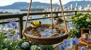 Bird-friendly balcony setup featuring a hanging water basin.