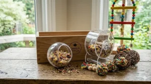 Natural, non-toxic wood chew toys for parrots included in our starter kit.