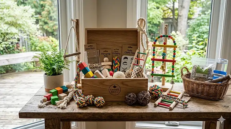 A comprehensive bird toy starter kit for new owners including foraging and chew toys.