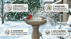 Accessible water source for Canadian birds during freezing temperatures; abreuvoir chauffant pour oiseaux.