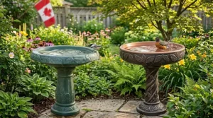 A robin drinking from a pedestal-style plastic bird bath in spring.