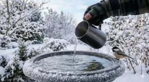 Dark river rocks in a bird bath basin to absorb solar heat and melt ice.