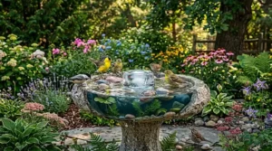 A photorealistic, highly detailed 4K photograph capturing the serene morning garden scene from image_6.png, featuring the same ornate stone bird bath and all six wild birds in their exact positions. The central bathing American Goldfinch, the Northern Cardinal in the water, the Black-capped Chickadee on the left rim, and the other finches and ground bird remain as depicted. The entire scene is bathed in soft, natural morning light, with clear but diffused light filtering through the dense oak canopy. Positioned in a deeply shaded area beneath the mature tree and surrounding dense foliage (coneflowers, lavender, hostas, ferns, hydrangeas, all rendered with sharp clarity), the bird bath basin itself is noticeably much deeper, containing much more water. The water level is higher, and through the now deeper, ultra-clear water, one can see much more of the existing pink, blue, and grey pebbles clearly visible and submerged along the bottom. Aquatic elements, such as detailed small water lily pads with roots and deep-green submerged aquatic plants (like hornwort), are visible at the very bottom, below the birds and stones, emphasizing the deep water. The textures of the bird feathers, wet stone, and diverse plant life are all meticulously rendered with depth. The garden background with the fence is retained with exquisite detail.