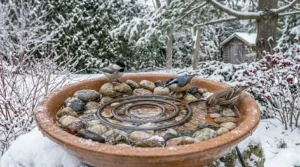 A homeowner cleaning a bird bath to keep water safe for winter visitors.