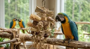 Illustration showing potential hazards of conventional plastic bird toys in home environments.