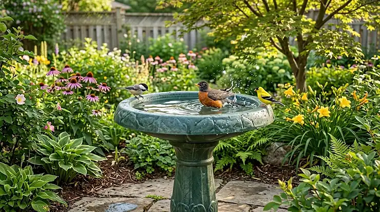Durable plastic bird bath in a Canadian backyard, attracting songbirds to the garden.