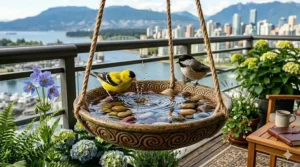 Easy-to-install hanging bird bath mounted on a balcony railing.
