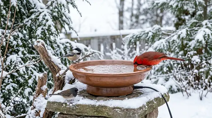 A stone ground level bird bath in a Canadian backyard garden.