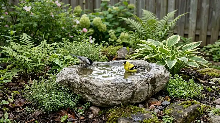 Stylish hanging bird bath for a Canadian urban balcony.