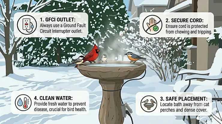 Heated bird bath de-icer keeping water ice-free during a Canadian winter.