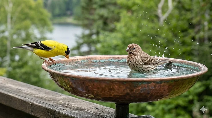 Heated bird bath in a snowy Canadian garden keeping water from freezing. how to keep bird bath from freezing