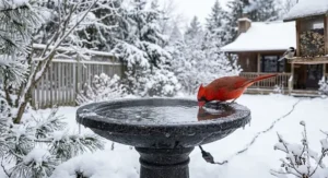 Decorative heated bird bath with a sturdy metal stand for cold weather.