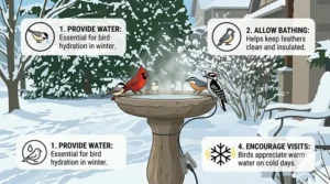 Comparing heated bird baths vs standard models for cold climates; comparaison de bains d'oiseaux.