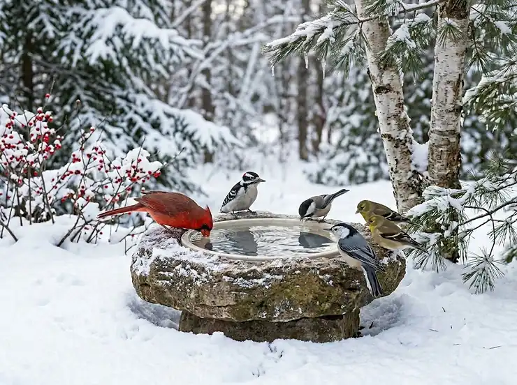 A heated birdbath providing a winter bird water source in a snowy Canadian backyard.