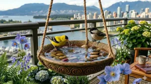 Lightweight hanging bird bath swaying gently on a patio.