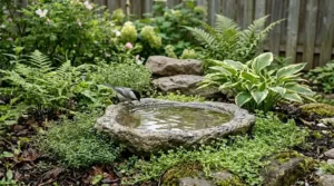 A low profile ground level bird bath placed near garden shrubs.