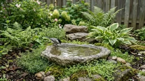 Modern ceramic ground level bird bath on a backyard patio.