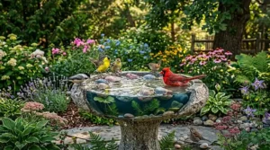 A candid, 4K resolution photograph capturing the beautiful garden scene from image_0.png, viewed from a slightly wider perspective to reveal more of the lush environment. The ornate stone bird bath is centrally positioned, filled with water and river rocks, where the yellow goldfinch splashes vigorously and the black-capped chickadee on the left drinks. The northern cardinal and the smaller brown wrens are all present and active on the rim. The surrounding garden is even more expansive and detailed, showcasing the full variety of Canadian backyard flora: hostas with their large, textured leaves, drifts of lavender, pink and white hydrangeas, yellow coneflowers, and purple coneflowers are all visible. More species, including detailed ferns, diverse succulents, columbine, and wild strawberry plants, have been seamlessly added to the garden beds. The flagstone path is extended, and a wider range of river stones and pebbles line the garden edge. The rustic wooden fence is visible further back, beyond the trees. Soft, filtered sunlight streams through the canopy, illuminating the birds and creating detailed shadows. The focus is sharp across the central bird bath and the expanded garden flora, with a deep, lush background. The scene is rich with detail, natural light, and the texture of feathers, wet stone, and diverse plant life.