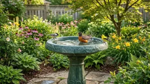 Portable plastic bird bath placed on a wooden deck or patio.