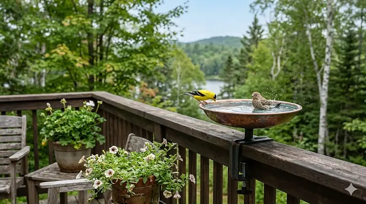 Copper railing bird bath on a backyard deck.