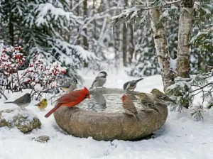 Person adding fresh water to a backyard winter bird water source.