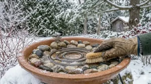A shallow bird bath with rocks to help birds land safely during winter.