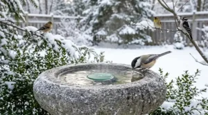 Illustration showing a bird bath placed near shrubs for predator protection.