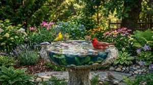 A photorealistic 4K detailed photograph capturing the vibrant morning garden scene from image_2.png, featuring the specific, weathered stone bird bath and all five birds (American Goldfinch, Black-capped Chickadee, Northern Cardinal, House Finch, and Song Sparrow) in their exact positions and poses, but set within a much wider garden landscape under softer, more filtered natural light. The central bird bath with its splashing action and the five birds is sharp and central. The garden beds are significantly expanded, showing dense, multi-layered plantings. Large hostas and ferns are prevalent in the immediate foreground, with extended drifts of purple lavender and coneflowers (pink and yellow) spreading further back. More hydrangeas and new species like columbine and asters are visible. The surrounding landscape has extended stone patios and gravel paths. A mature cedar tree stands near the stone-covered tree trunk, and the wooden fence from image_2.png is now integrated into a larger, more defined backyard. The lighting is diffused and cool, suggesting a perfect, long-shaded Canadian summer morning, with warm sunlight filtering subtly through a dense canopy of maple and oak leaves, creating dappled patterns. Every leaf, feather, and stone texture is rendered with photorealistic clarity. A few small, detailed Canadian garden ornaments, like a miniature ceramic frog on a rock, are integrated.