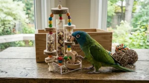 Interactive shredding toys for birds to promote natural preening and play habits.