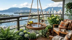 Compact hanging bird bath designed for small apartment balconies.