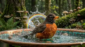 Space-saving railing bird bath for apartments.