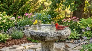 A photorealistic, highly detailed 4K photograph capturing a vibrant morning in a lush Canadian garden. The central stone bird bath is a large, weathered basin chiseled with a subtle decorative ripple pattern, filled with clear water. Several wild birds are actively engaged: a bright yellow American Goldfinch splashes in the center with wings spread, scattering water droplets. Perched on the far rim are a smaller female Goldfinch and a Black-capped Chickadee. On the right, a striking Northern Cardinal bathes fully. A small House Wren drinks from the near rim. The detailed stone basin is full of smooth multi-colored river pebbles and a central submerged ice block for cooling. The surrounding garden is incredibly lush: detailed green Hostas and ferns are in the foreground on flagstone and gravel. The background is a rich tapestry of blooming flowers (pink coneflowers, blue hydrangeas, purple columbines, yellow rudbeckia, and lavender) under natural dappled sunlight. A rustic wooden fence is deep in the background. The scene is full of texture and life, rendered with ultra-high clarity and natural light, making the wet feathers and stone surface look tactile.