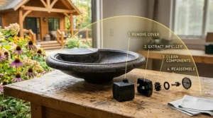 Alt text for image 7: Close-up illustration highlighting the built-in fountain and aeration features of the bird bath.