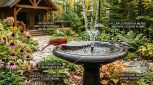 Winter garden scene with birds visiting a heated water source.