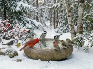 Diagram showing how to install a de-icer in a winter bird water source.
