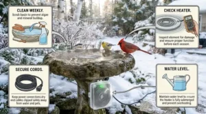 Illustration showing the hidden power cord setup for a clean bird bath heater installation.