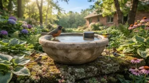 Various birds drinking from a clean concrete garden basin. / Oiseaux s'abreuvant dans un bassin en béton propre.