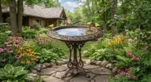 Durable cast-iron metal bird bath with ornate base.