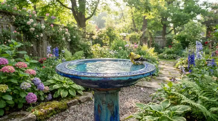 Glazed ceramic bird bath sitting in a lush Canadian garden during spring.