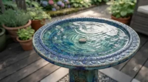 A shallow-basin ceramic bird bath providing the ideal water depth for local birds.