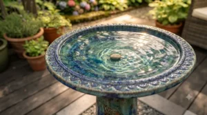 Brightly glazed ceramic bird bath reflecting sunlight in a backyard garden.